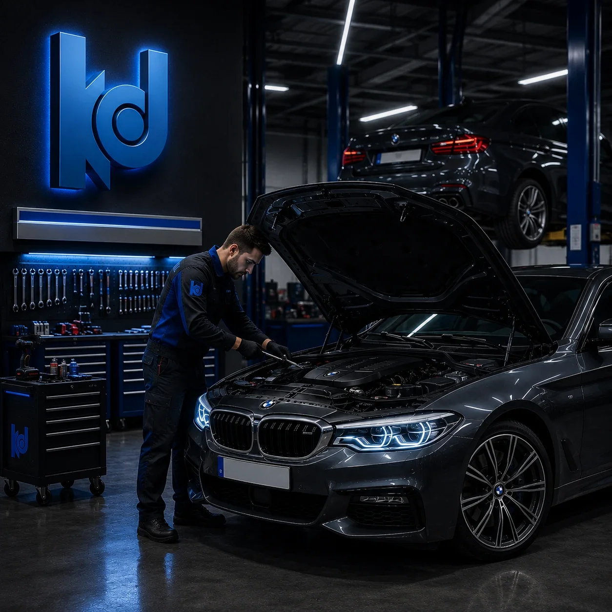 Karadeniz Dizel Oto Servis teknisyeni BMW araca müdahale ederken
